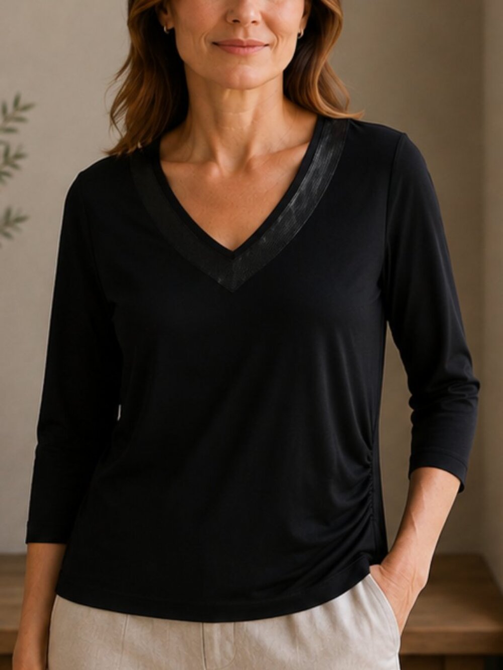 Olsen Europe Black V-Neck 3/4 Sleeve Top with Faux Leather Trim Size 12